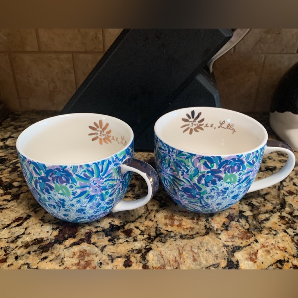 Lilly Pulitzer Blue & Purple Pair of Floral Coffee Mugs